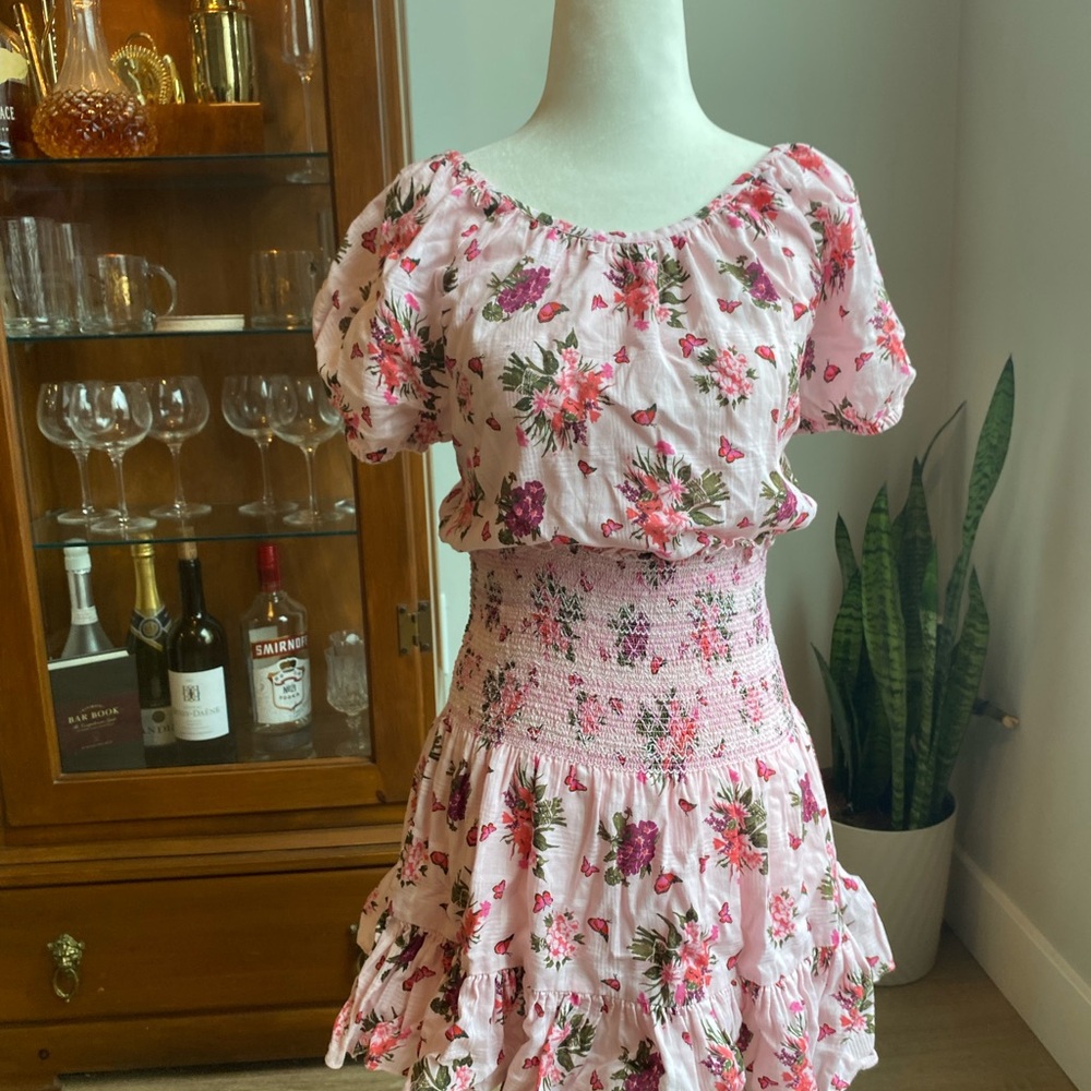 LoveShackFancy Floral Print Ruffle Mini Dress